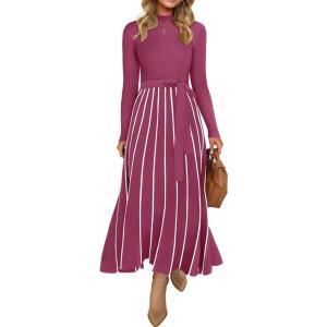 imageZESICA Womens Spring Turtleneck Long Sleeve Sweater Dress Tie Waist Casual Loose Ribbed Knit A Line Midi DressesEggplant