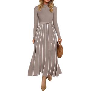 imageZESICA Womens Spring Turtleneck Long Sleeve Sweater Dress Tie Waist Casual Loose Ribbed Knit A Line Midi DressesKhaki