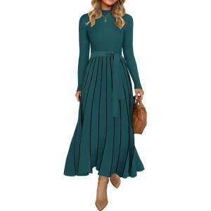imageZESICA Womens Spring Turtleneck Long Sleeve Sweater Dress Tie Waist Casual Loose Ribbed Knit A Line Midi DressesTeal