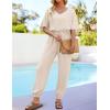 imageZESICA Womens Short Sleeve V Neck One Piece Jumpsuits Summer Casual Overalls Drawstring Waist Romper Outfits with PocketsApricot