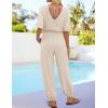imageZESICA Womens Short Sleeve V Neck One Piece Jumpsuits Summer Casual Overalls Drawstring Waist Romper Outfits with PocketsApricot