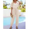 imageZESICA Womens Short Sleeve V Neck One Piece Jumpsuits Summer Casual Overalls Drawstring Waist Romper Outfits with PocketsApricot
