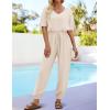 imageZESICA Womens Short Sleeve V Neck One Piece Jumpsuits Summer Casual Overalls Drawstring Waist Romper Outfits with PocketsApricot