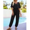 imageZESICA Womens Short Sleeve V Neck One Piece Jumpsuits Summer Casual Overalls Drawstring Waist Romper Outfits with PocketsBlack