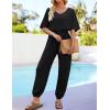 imageZESICA Womens Short Sleeve V Neck One Piece Jumpsuits Summer Casual Overalls Drawstring Waist Romper Outfits with PocketsBlack
