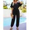 imageZESICA Womens Short Sleeve V Neck One Piece Jumpsuits Summer Casual Overalls Drawstring Waist Romper Outfits with PocketsBlack