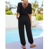 imageZESICA Womens Short Sleeve V Neck One Piece Jumpsuits Summer Casual Overalls Drawstring Waist Romper Outfits with PocketsBlack