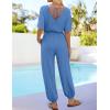 imageZESICA Womens Short Sleeve V Neck One Piece Jumpsuits Summer Casual Overalls Drawstring Waist Romper Outfits with PocketsBlue