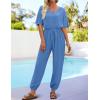 imageZESICA Womens Short Sleeve V Neck One Piece Jumpsuits Summer Casual Overalls Drawstring Waist Romper Outfits with PocketsBlue