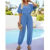 imageZESICA Womens Short Sleeve V Neck One Piece Jumpsuits Summer Casual Overalls Drawstring Waist Romper Outfits with PocketsBlue