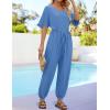 imageZESICA Womens Short Sleeve V Neck One Piece Jumpsuits Summer Casual Overalls Drawstring Waist Romper Outfits with PocketsBlue
