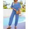 imageZESICA Womens Short Sleeve V Neck One Piece Jumpsuits Summer Casual Overalls Drawstring Waist Romper Outfits with PocketsBlue
