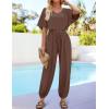 imageZESICA Womens Short Sleeve V Neck One Piece Jumpsuits Summer Casual Overalls Drawstring Waist Romper Outfits with PocketsCoffee