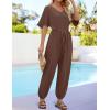imageZESICA Womens Short Sleeve V Neck One Piece Jumpsuits Summer Casual Overalls Drawstring Waist Romper Outfits with PocketsCoffee