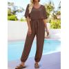 imageZESICA Womens Short Sleeve V Neck One Piece Jumpsuits Summer Casual Overalls Drawstring Waist Romper Outfits with PocketsCoffee