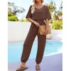 imageZESICA Womens Short Sleeve V Neck One Piece Jumpsuits Summer Casual Overalls Drawstring Waist Romper Outfits with PocketsCoffee