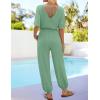 imageZESICA Womens Short Sleeve V Neck One Piece Jumpsuits Summer Casual Overalls Drawstring Waist Romper Outfits with PocketsGreen