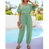 imageZESICA Womens Short Sleeve V Neck One Piece Jumpsuits Summer Casual Overalls Drawstring Waist Romper Outfits with PocketsGreen