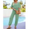 imageZESICA Womens Short Sleeve V Neck One Piece Jumpsuits Summer Casual Overalls Drawstring Waist Romper Outfits with PocketsGreen