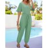 imageZESICA Womens Short Sleeve V Neck One Piece Jumpsuits Summer Casual Overalls Drawstring Waist Romper Outfits with PocketsGreen