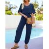 imageZESICA Womens Short Sleeve V Neck One Piece Jumpsuits Summer Casual Overalls Drawstring Waist Romper Outfits with PocketsNavy