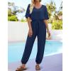 imageZESICA Womens Short Sleeve V Neck One Piece Jumpsuits Summer Casual Overalls Drawstring Waist Romper Outfits with PocketsNavy