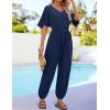 imageZESICA Womens Short Sleeve V Neck One Piece Jumpsuits Summer Casual Overalls Drawstring Waist Romper Outfits with PocketsNavy