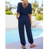 imageZESICA Womens Short Sleeve V Neck One Piece Jumpsuits Summer Casual Overalls Drawstring Waist Romper Outfits with PocketsNavy