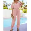 imageZESICA Womens Short Sleeve V Neck One Piece Jumpsuits Summer Casual Overalls Drawstring Waist Romper Outfits with PocketsPink