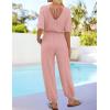 imageZESICA Womens Short Sleeve V Neck One Piece Jumpsuits Summer Casual Overalls Drawstring Waist Romper Outfits with PocketsPink