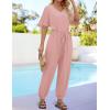 imageZESICA Womens Short Sleeve V Neck One Piece Jumpsuits Summer Casual Overalls Drawstring Waist Romper Outfits with PocketsPink