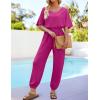 imageZESICA Womens Short Sleeve V Neck One Piece Jumpsuits Summer Casual Overalls Drawstring Waist Romper Outfits with PocketsRose