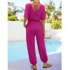 imageZESICA Womens Short Sleeve V Neck One Piece Jumpsuits Summer Casual Overalls Drawstring Waist Romper Outfits with PocketsRose