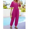 imageZESICA Womens Short Sleeve V Neck One Piece Jumpsuits Summer Casual Overalls Drawstring Waist Romper Outfits with PocketsRose