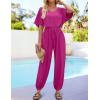 imageZESICA Womens Short Sleeve V Neck One Piece Jumpsuits Summer Casual Overalls Drawstring Waist Romper Outfits with PocketsRose