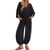 imageZESICA Womens Short Sleeve V Neck One Piece Jumpsuits Summer Casual Overalls Drawstring Waist Romper Outfits with PocketsBlack