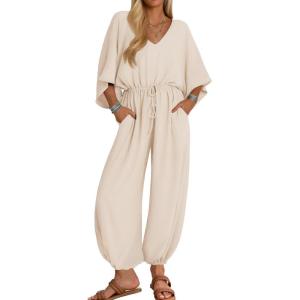 imageZESICA Womens Short Sleeve V Neck One Piece Jumpsuits Summer Casual Overalls Drawstring Waist Romper Outfits with PocketsApricot