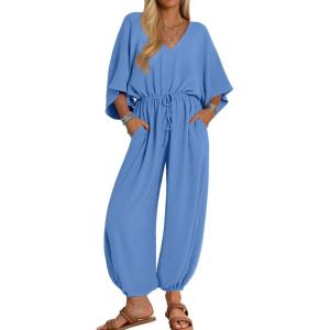 imageZESICA Womens Short Sleeve V Neck One Piece Jumpsuits Summer Casual Overalls Drawstring Waist Romper Outfits with PocketsBlue