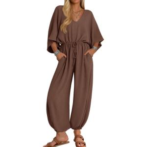 imageZESICA Womens Short Sleeve V Neck One Piece Jumpsuits Summer Casual Overalls Drawstring Waist Romper Outfits with PocketsCoffee