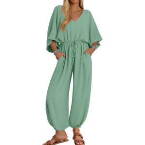 imageZESICA Womens Short Sleeve V Neck One Piece Jumpsuits Summer Casual Overalls Drawstring Waist Romper Outfits with PocketsGreen