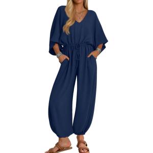 imageZESICA Womens Short Sleeve V Neck One Piece Jumpsuits Summer Casual Overalls Drawstring Waist Romper Outfits with PocketsNavy