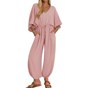 imageZESICA Womens Short Sleeve V Neck One Piece Jumpsuits Summer Casual Overalls Drawstring Waist Romper Outfits with PocketsPink