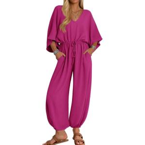 imageZESICA Womens Short Sleeve V Neck One Piece Jumpsuits Summer Casual Overalls Drawstring Waist Romper Outfits with PocketsRose
