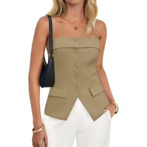 imageZESICA Womens 2025 Trendy Strapless Blazer Vests Summer Dressy Tube Vest Tops Elegant ClothesKhaki