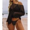 imageZESICA Womens 2025 Summer Crochet Hollow Out Long Sleeve Beach Bikini Swimsuit Mesh Cover Up Tunic TopBlack