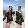 imageZESICA Womens 2025 Summer Crochet Hollow Out Long Sleeve Beach Bikini Swimsuit Mesh Cover Up Tunic TopBlack