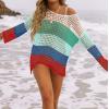 imageZESICA Womens 2025 Summer Crochet Hollow Out Long Sleeve Beach Bikini Swimsuit Mesh Cover Up Tunic TopBluegreen