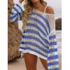 imageZESICA Womens 2025 Summer Crochet Hollow Out Long Sleeve Beach Bikini Swimsuit Mesh Cover Up Tunic TopCobalt