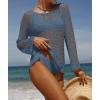 imageZESICA Womens 2025 Summer Crochet Hollow Out Long Sleeve Beach Bikini Swimsuit Mesh Cover Up Tunic TopDustyblue
