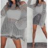imageZESICA Womens 2025 Summer Crochet Hollow Out Long Sleeve Beach Bikini Swimsuit Mesh Cover Up Tunic TopGrey